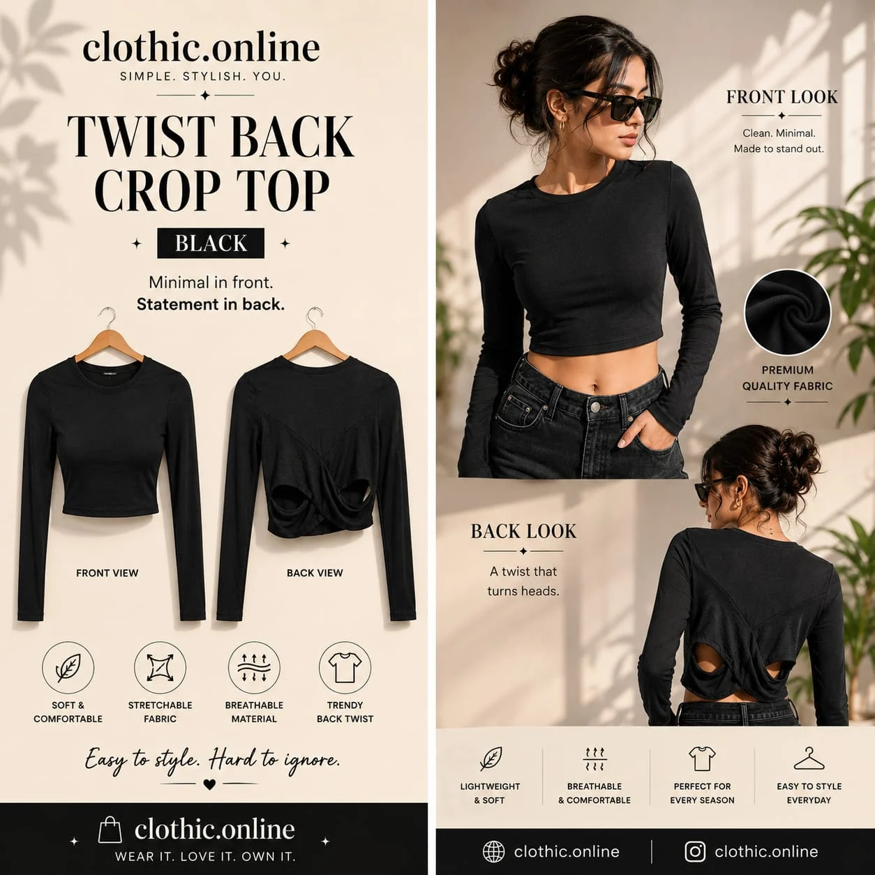 Noir Twist Back Crop Top – Minimal Front, Statement Back