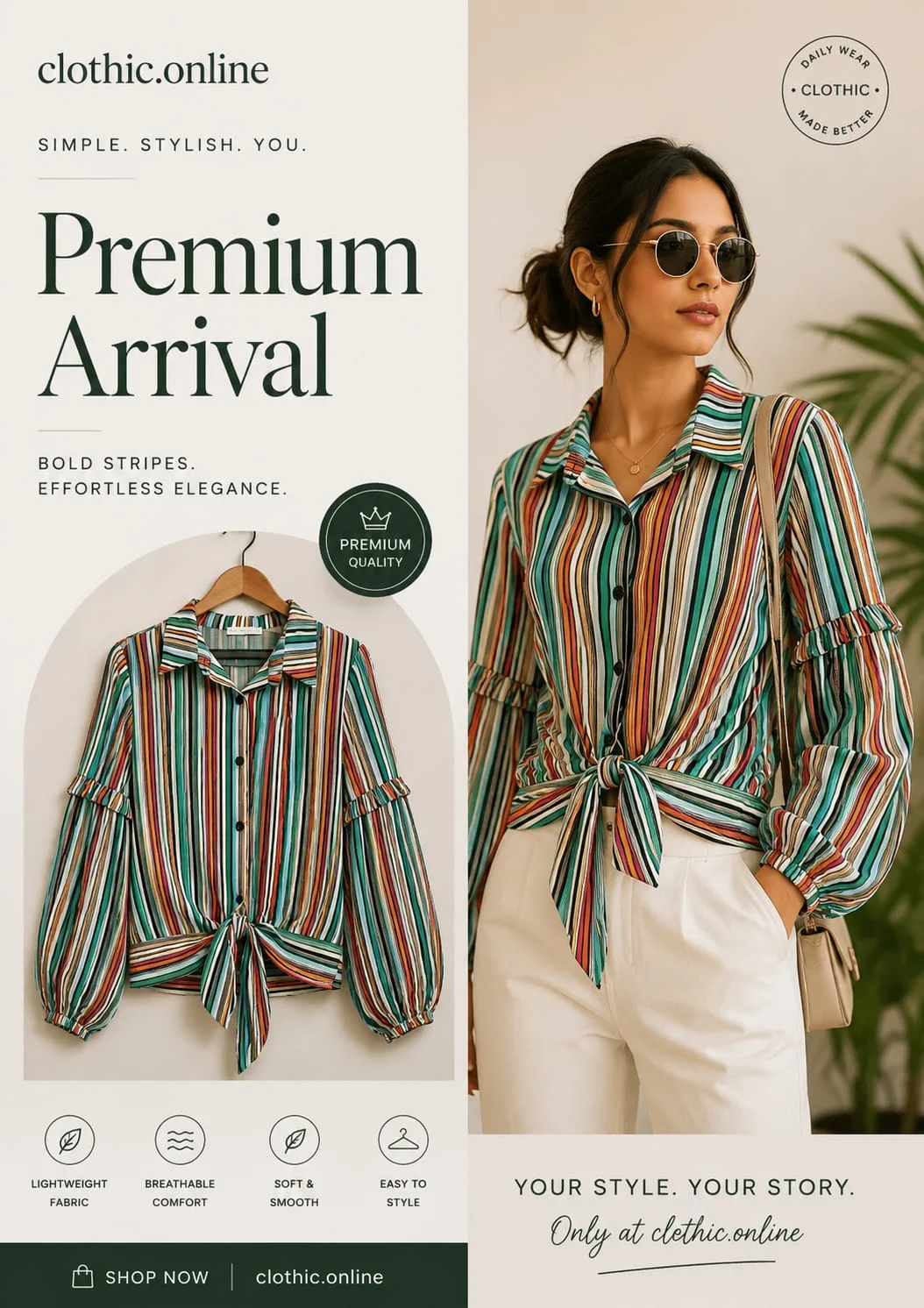Premium Multi-Stripe Button Down with Tie Waist