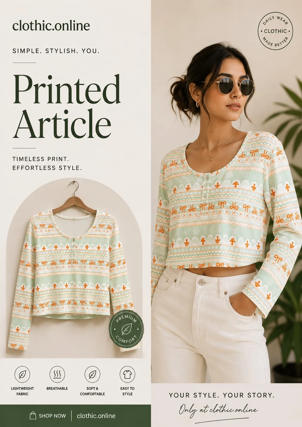 Mint Green Geometric Print Long Sleeve Top